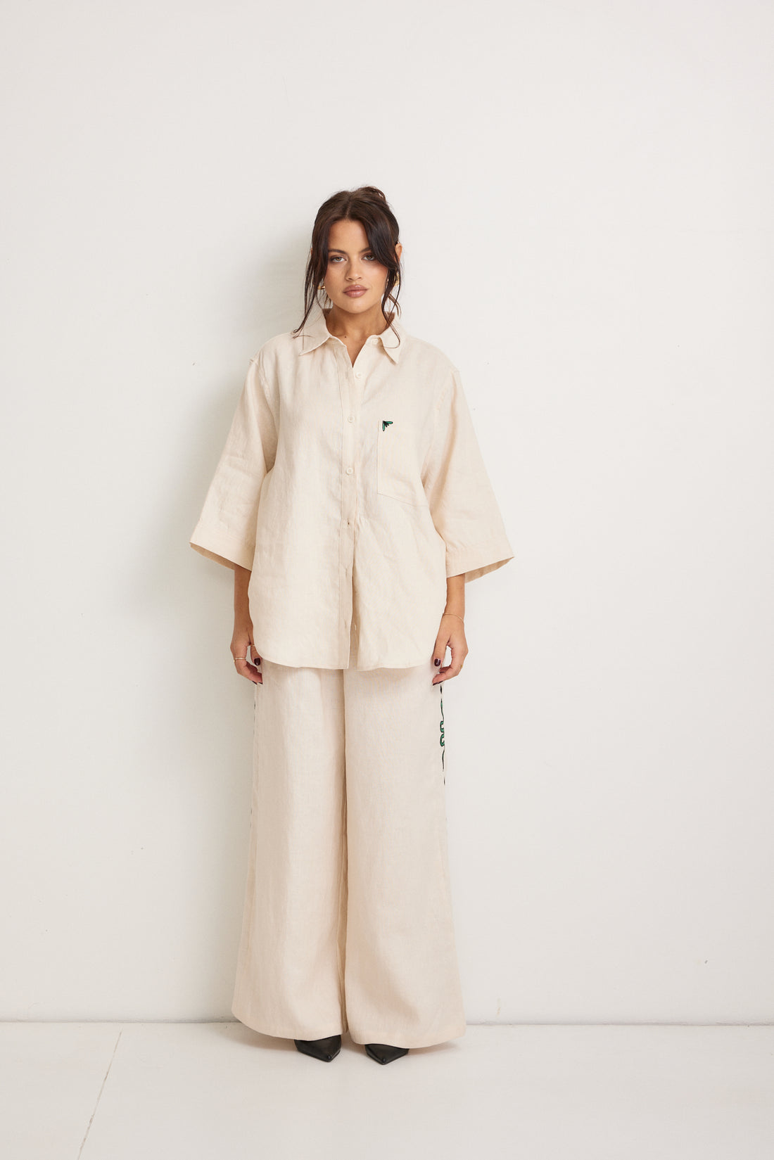 Miranda Embroidered Linen Shirt - Beige