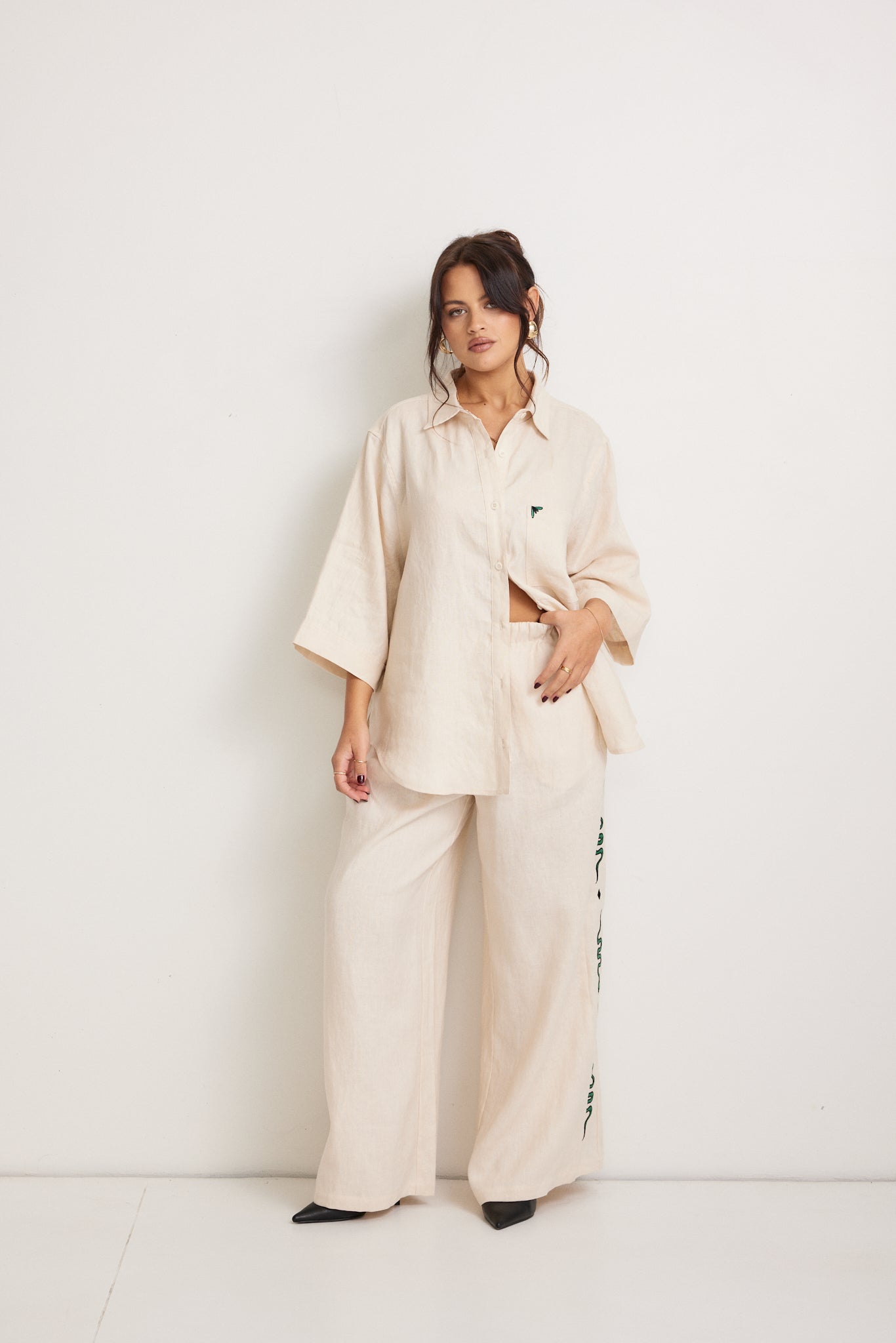 Miranda Embroidered Linen Shirt - Beige