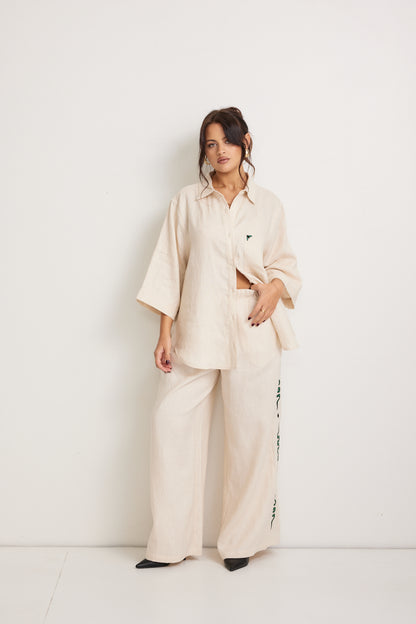 Miranda Embroidered Linen Shirt - Beige