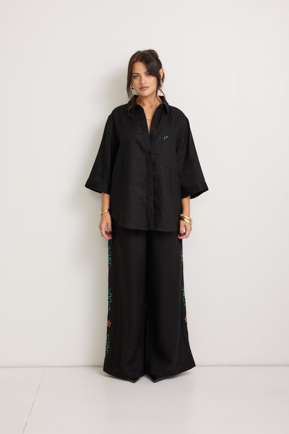 Miranda Embroidered Linen Shirt - Black