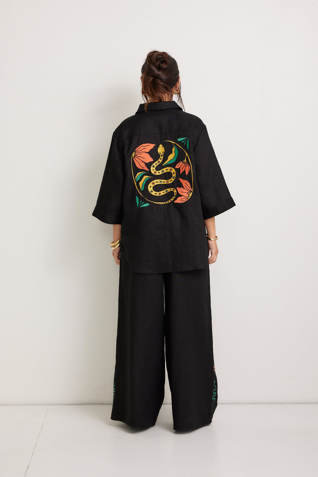 Miranda Embroidered Linen Shirt - Black