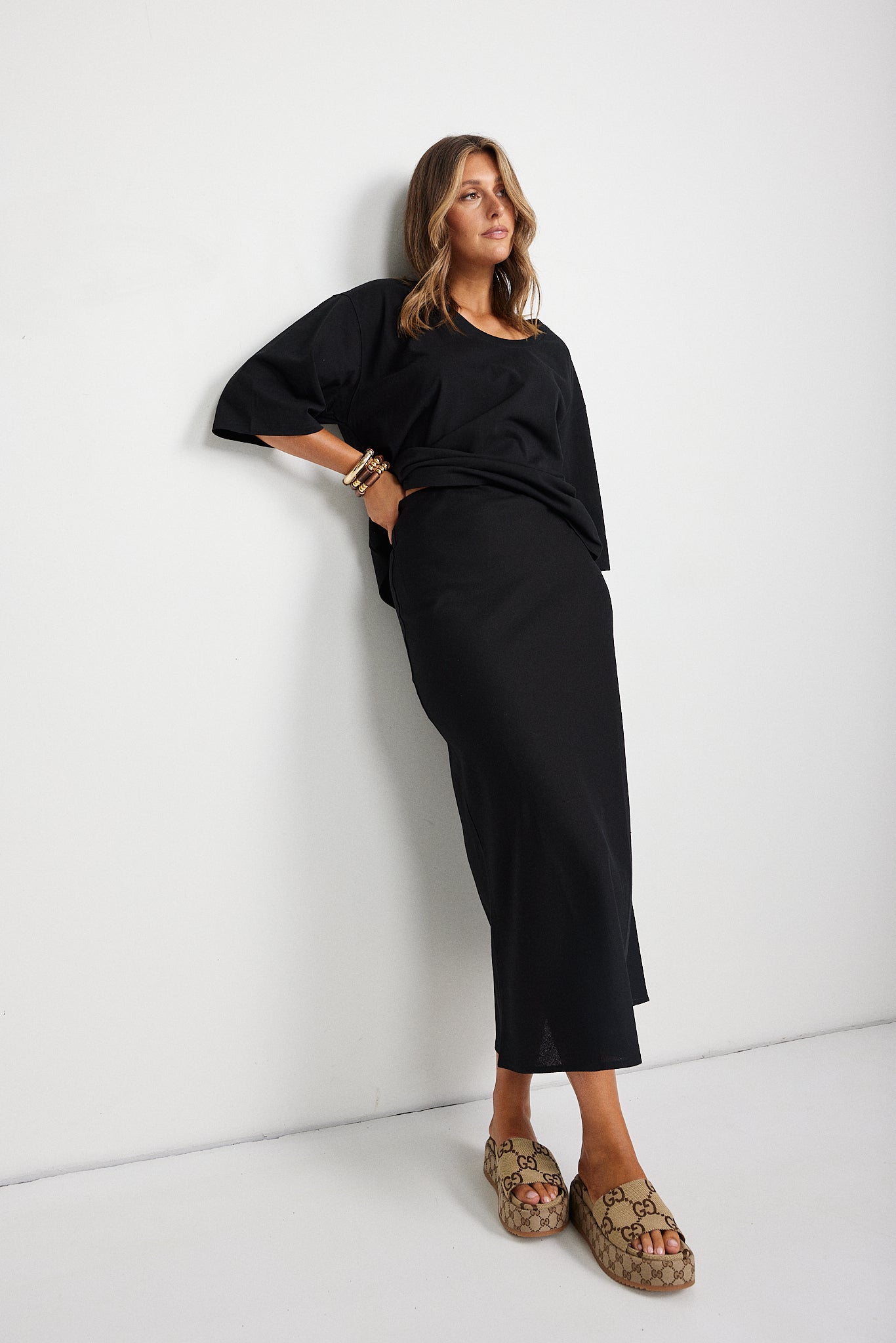 Em Bias Maxi Linen Blend Skirt - Black